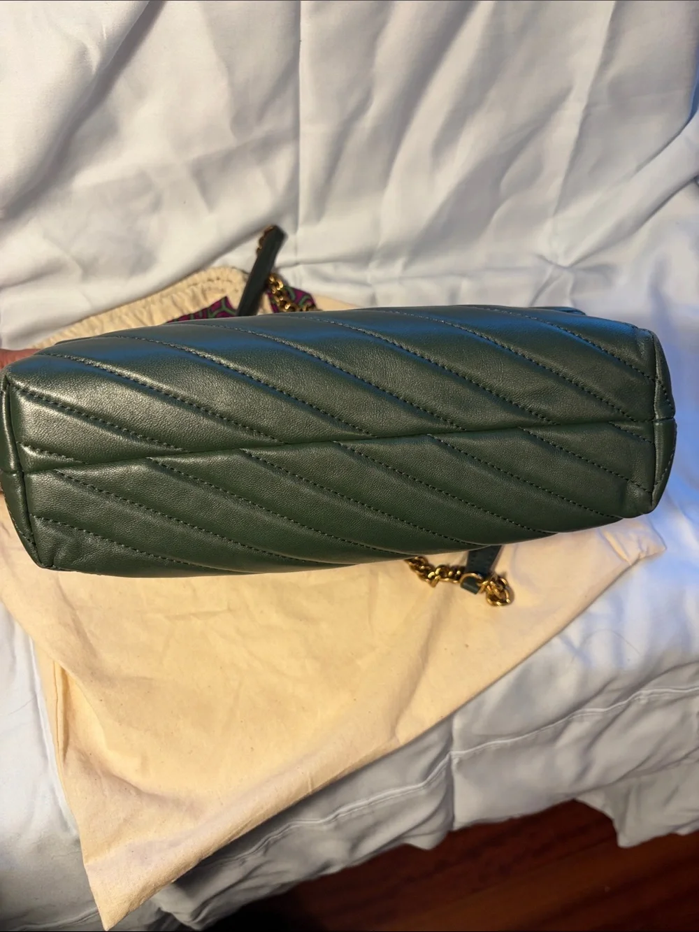 Tory Burch Kira Chevron Convertible Shoulder Bag Green Leather Gold Chain
